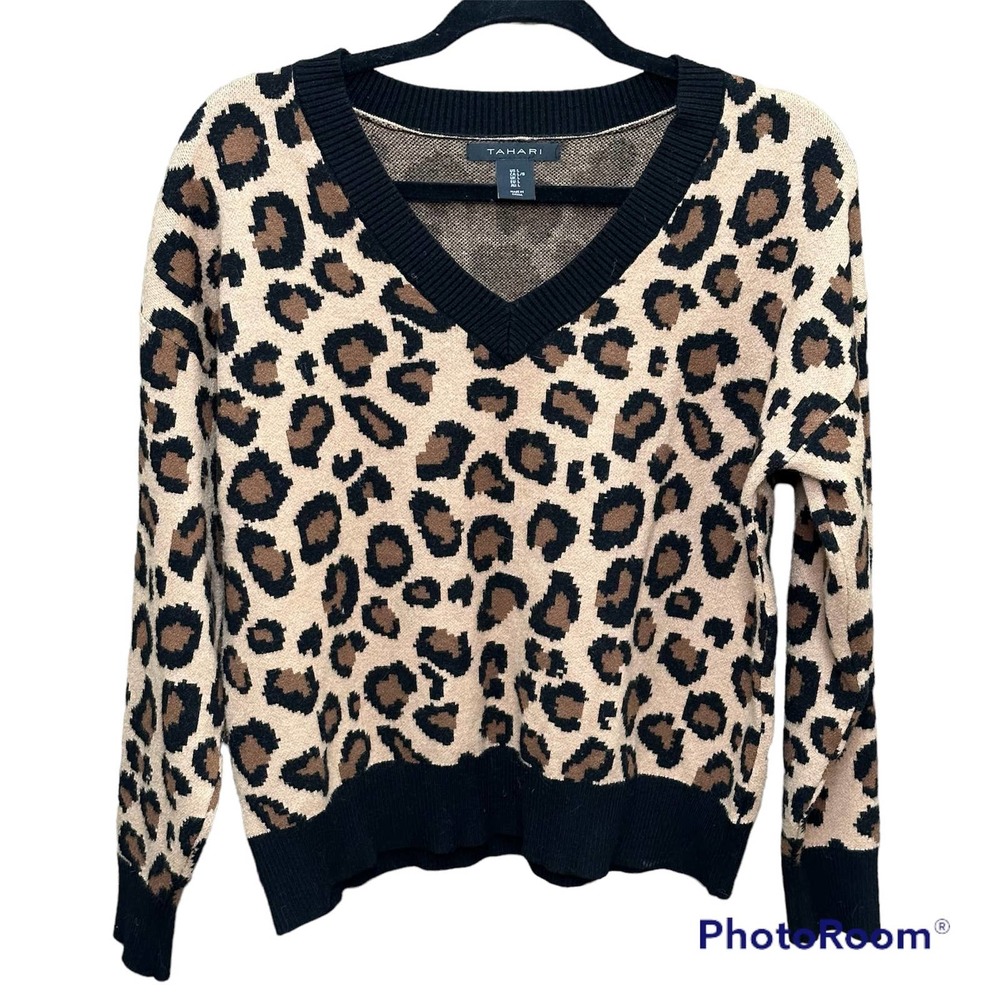 Tahari Women's V-Neck Pullover Long Sleeve Leopard Sweater XL